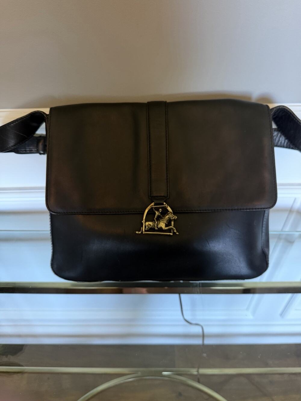 Vtg Ralph Lauren Equestrian Black Leather Horse Bit Clasp Messenger Bag